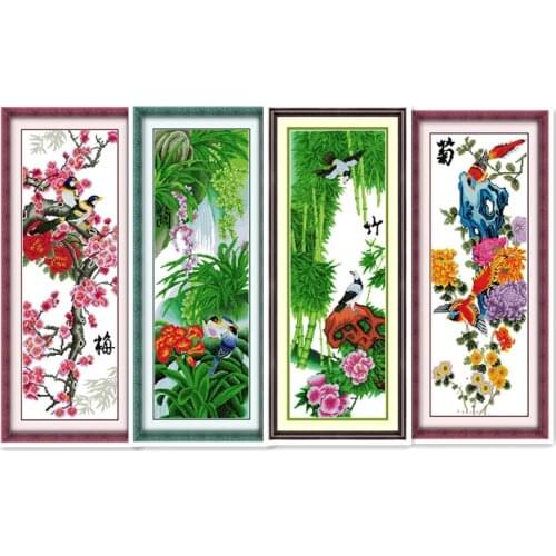 Plum Orchid Bamboo Chrysanthemum Tetralogy Hand-worked Cross-stitch Kits Spring Flowers Autumn Vertical Decorative painting