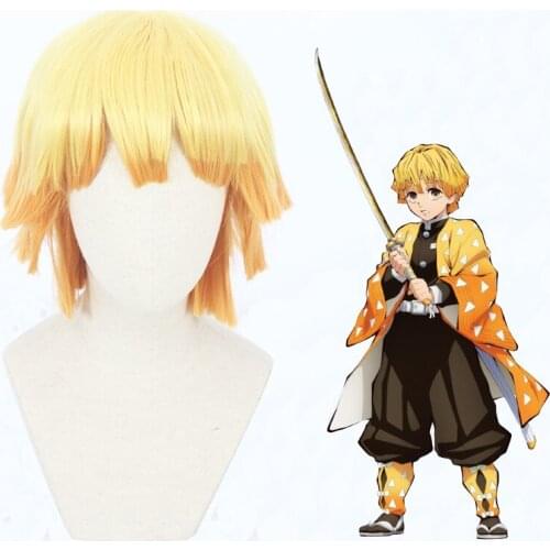 Anime Demon Slayer: Kimetsu no Yaiba Zenitsu Agatsuma Short Golden Brown Wig Heat Resistant Hair Cosplay Costume Wig + Wig Cap