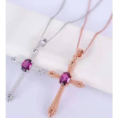 Natural red garnet gem pendant S925 silver Natural gemstone Pendant Necklace trendy Elegant Cross shape women wedding jewelry