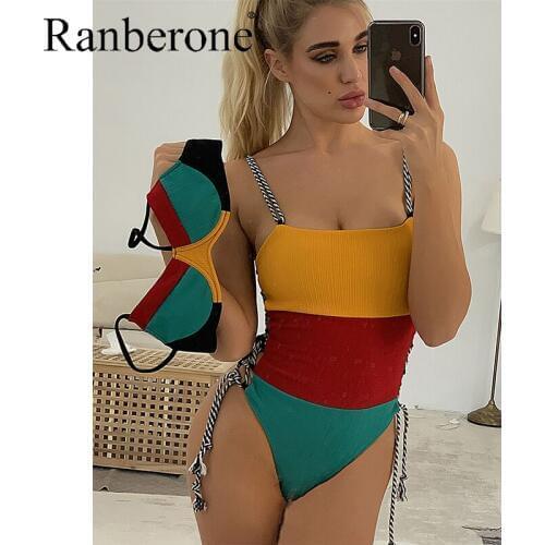 Ranberone New Bikinis Set 2020 Sexy Halter Swimwear Women Patchwork Swimsuit Female Bathing Suit Bandage Summer Suit