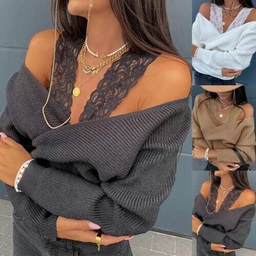 Sexy Women Sweaters Polyester Long Sleeve Off Shoulder Lace Strap Autumn Winter Knit Sweater Pullovers Loose Womens Clothing