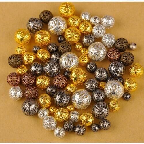 1000pcs 4-20mm Mixed Filigree Metal Loose Spacer Round Beads for Jewelry Making