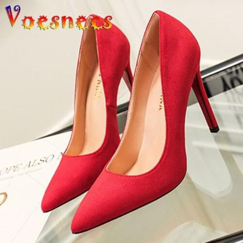 Classics Women Pumps Shallow Office Shoes Concise Solid Flock Pointed Toe Female Pumps High Heels 6-10CM femme Wedding Shoes