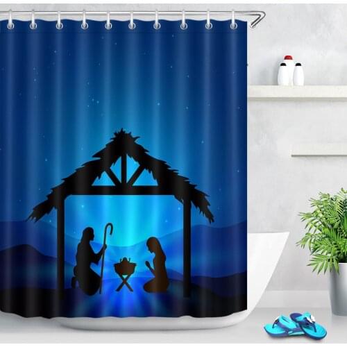 Bathroom Waterproof Fabric Shower Curtain Jesus Nativity Prayer Manger