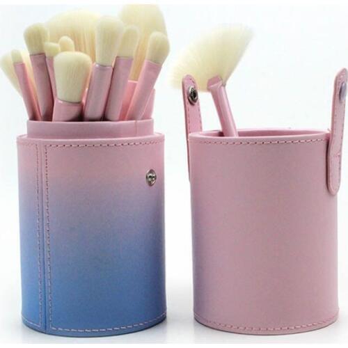 High quality cream white synthetic hair cosmetic brushes kits pink PU barrel 12PCS soft hair powder makeup brush set