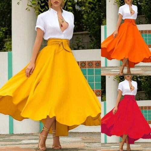 Womens Ladies Solid Color Bandage Pleated Cocktail Party High Waist Summer A Line Skirts With Pocket Fashion Skirt