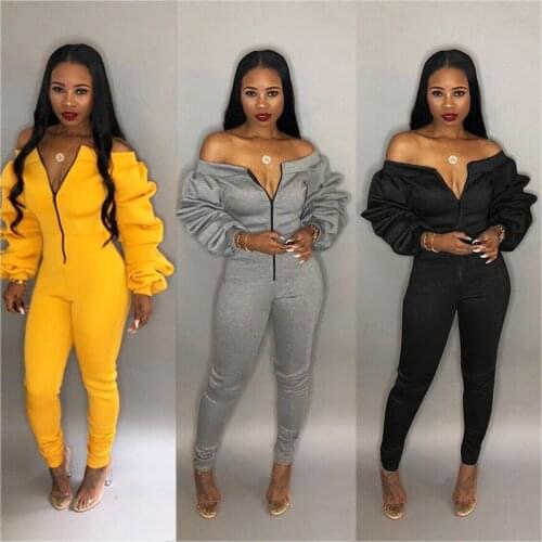 Women Winter Thick Warm Cotton Cool Shoulder Jumpsuit Long Sleeve Zipper Jumpsuit Romper Female Sexy Club Wear Bodycon Overalls