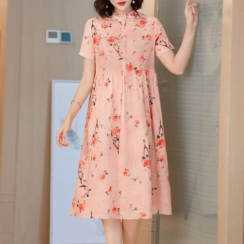 Summer Casual Pink Floral Cotton Linen Midi Dress 2021 Vintage Loose 2XL Plus Size Sundress Women Elegant Bodycon Party Vestids