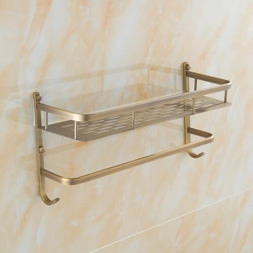 40cm Antique brass square wall mounted bathroom shelves single tier, Retro cosmetic storage rack with towel bar and hooks