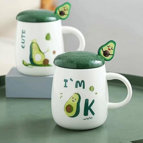 420ML Funny Avocado Coffee Cup With Lid Spoon Ceramic Heat-resistant Cute Mug Office Home Drinkware Gift Random Style