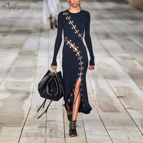 Ailigou 2021 Fashion Black Long Dress Elegant Lace-out Hollow Bodycon Vestidos Sexy Long Sleeve Crew Neck Celebrity Party Dress