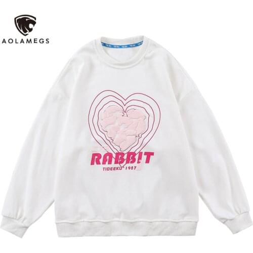 Aolamegs Cute Bunny Rabbit Patch Heart Print Sweatshirt Men Casual Loose Fashion College Style Pullover Couple Streetwear Autumn