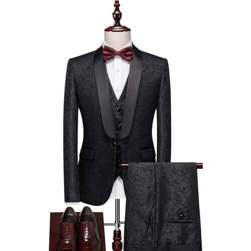 Black Floral Jacquard Mens Wedding Suits 2021 Tuxedo Jacket 3 Piece Groom Terno Dinner Party Suits for Men S-5xl