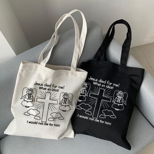 Jesus died for me canvas bag casual Harajuku cartoon Letter new punk large capacity womens shoulder bag Ulzzang shopping bags