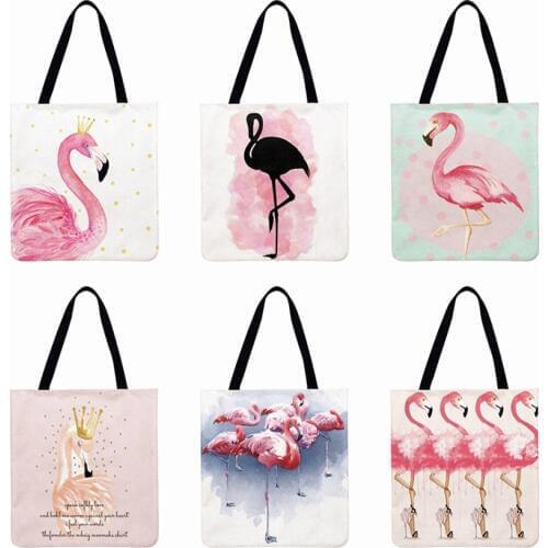 Ins Pink Flamingo Printing Tote Bag For Women Shoulder Bag Linen Febric Casual Tote Reusable Shopping Bag Foldable Beach Bag