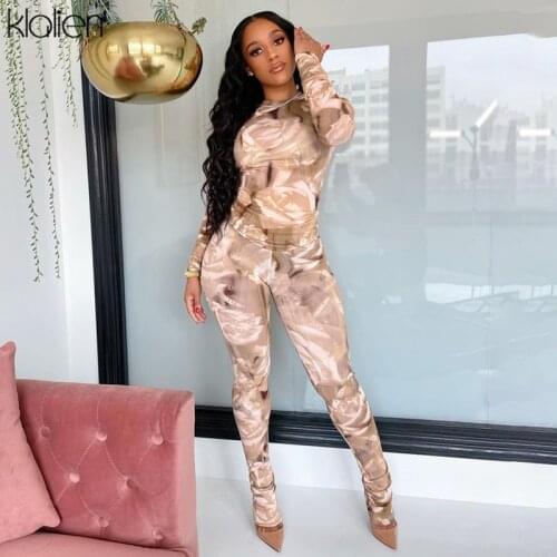 KLALIEN Fashion Vintage Print T Shirt and Trousers Two Piece Set Women 2021 Spring New Casual Street Sport Skinny Tracksuit