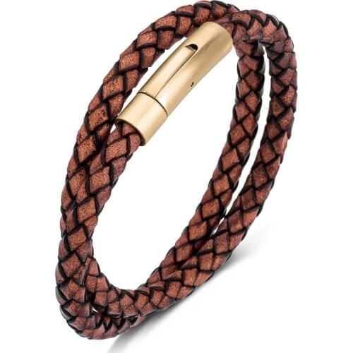 Brown Double Braided Genuine Leather Wrap Bracelet for Men Women Jewelry Vintage Wristband Stainless Steel Charm Bangles P610