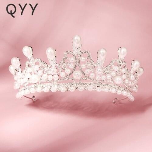 QYY Fashion Bridal Wedding Hair Crown Silver Color Pearl Tiaras and Crowns for Women Accessories Bride Headpiece Prom Gifts