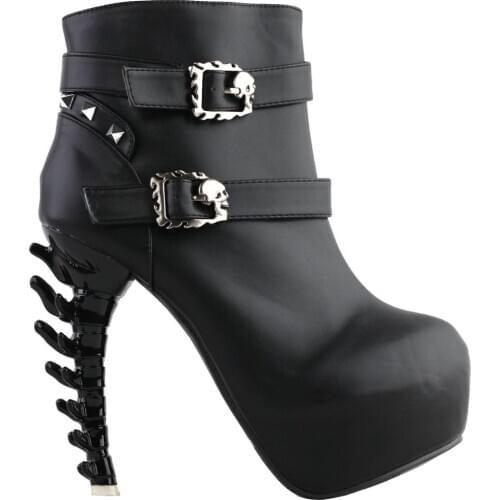 LF80713 SHOW STORY Punk Black Skull Buckle Studs Strappy High-top Bone Heels Platform Ankle Boots
