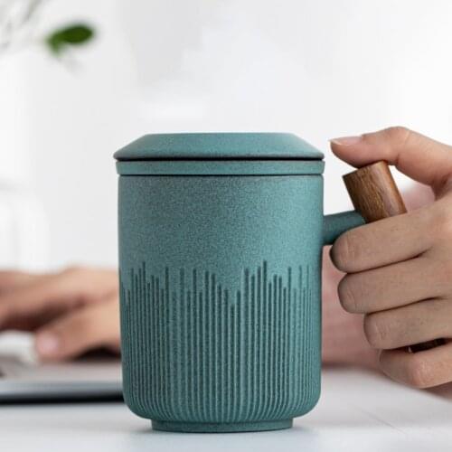 LUWU Ceramic Tea Mug with Infuser Green Ceramic Tea Cup with Lid 300ml