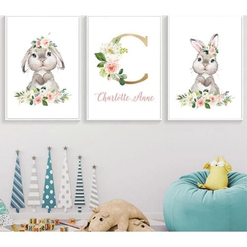 Cartoon Animal Rabbit Canvas Painting Custom Name Posters and Prints Nursery Flower Art Picture Print Baby Room Wall Decoration