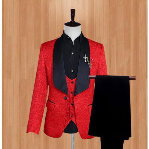Printed Man suits 3 Color Groom Tuxedos Groomsman Suit Shawl Lapel Wedding suit Custom Made Man Suit(Jacket+pants +vest)