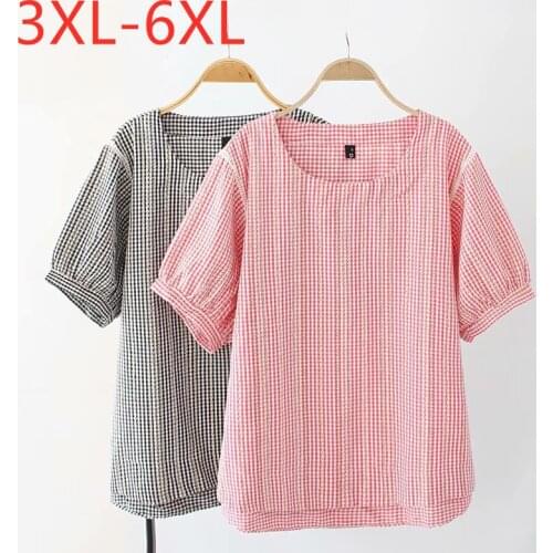 New 2021 Ladies Summer Plus Size Tops For Women Large Short Sleeve Loose Cotton Pink Black Plaid O-neck T-Shirt 3XL 4XL 5XL 6XL
