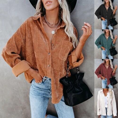 2021 new autumn and winter womens shirts solid color lapel pit strip casual coat