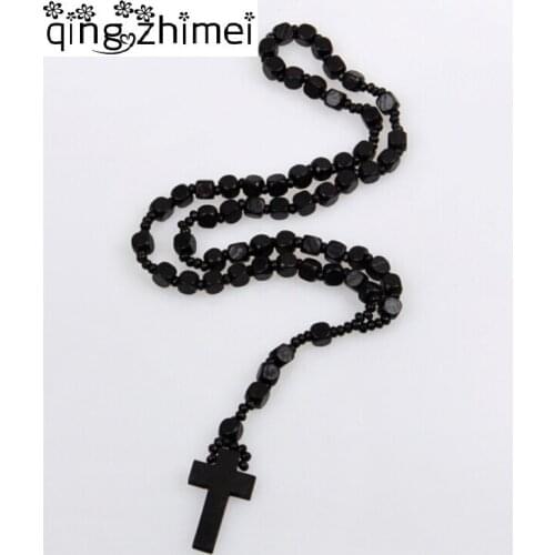 NEW Good hardwood rosary beaded Jesus CROSS wooden pendant necklace for men and women Handmade beaded necklaces