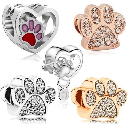 Dog paw print charms love pendant bead jewelry fit original pandora bracelet charm necklace accessories for women