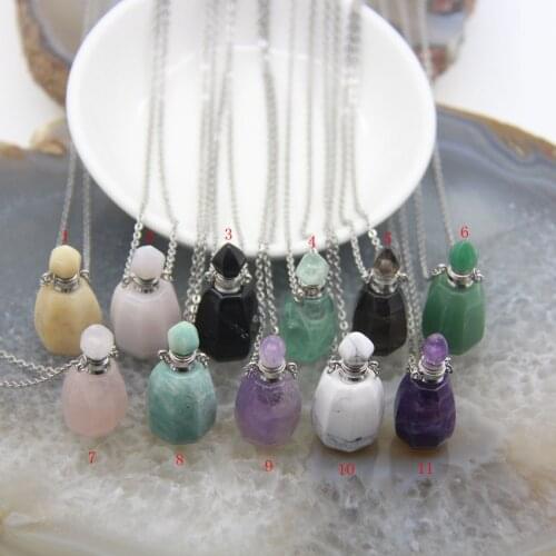 Natural Gems Perfume Bottle Pendants Silvery Chain Jewelry,Faceted Quartz Crystal Essential Oil Diffuser Charms Necklace