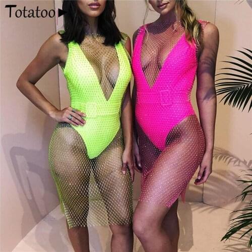 Serytee Sexy Crystal Diamond Beachwear Cover Up Dress Women Hollow Out Rhinestone Bodycon Dress Summer Fishnet Party Dresses