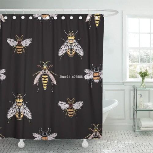 Rhinestones Yellow Fly Big Honey Bee Wasp Small Funny Crystal Patch with Insects on Black Shower Curtains Waterproof Polyester