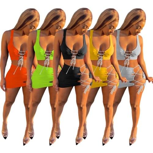 W8164 Sexy beach patchwork two-piece set sleeveless skirt tie up suit Hot sale womens summer dress 2021