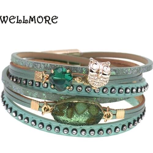 WELLMORE leather bracelets for women 5 colors fashion wrap Bracelets & Bangles Elegant Multilayer Wide bracelet Female Jewelry