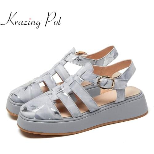 Krazing pot European design genuine leather square toe women handmade high quality flowers print modern flat platform shoes L89