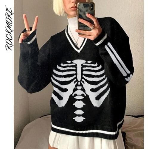 Rockmore Harajuku Skull Print Baggy Sweater Autumn Winter Women Pullovers y2k Casual Knitwear Jumpers Tops Korean Sweaters 2021