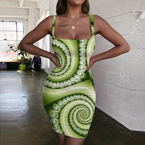 KYKU Dizziness Dress Women Green Halter Sleeveless Street Ladies Dresses Harajuku 3d Print Womens Clothing Party Vintage Boho