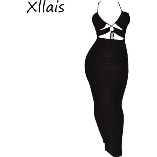 XLLAIS Elegant Casual Dresses Sexy Black Night Robe Cut Out Outfits Women Sleeveless Bodycon Maxi Vestidos High Quality