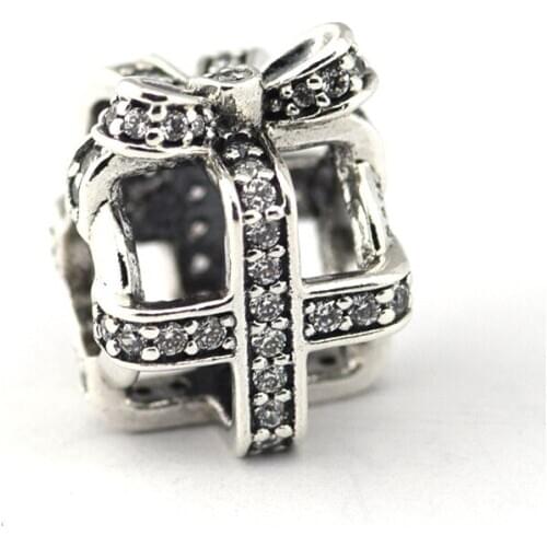 100% 925 Sterling Silver Beads for Charms Bracelets Women Clear CZ Openwork Gift Box Shape Silver 925 Beads for Jewelry Making