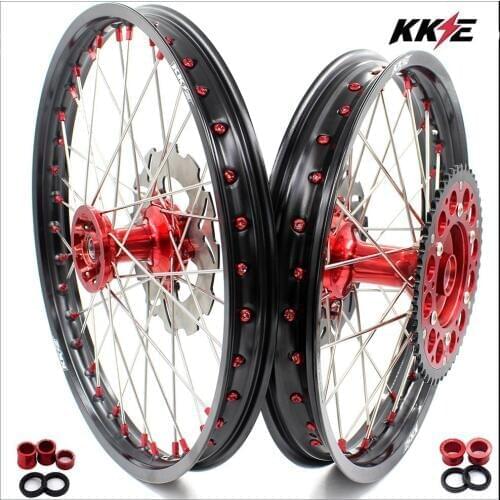 KKE 21 & 19 Dirt Bikes MX Casting Wheels Rims Set For HONDA CRF250R 2004-2013 CRF450R 2002-2012 Red Nipple Silver Discs