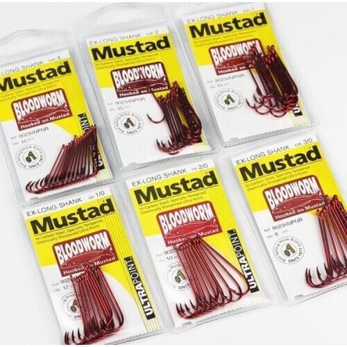5 Packs/lot Strong Mustad 90234NP Fishing Hooks Long Blood Worm Lure Bait Hook Fashion Red High Strength Barbed Circle Tackles