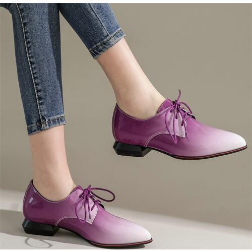 Chic Shoes Women Lace Up Patent Leather Low Heel Ankle Boots Female Pointed Toe Platform Pumps Shoes Shallow Casual Travel Shoes