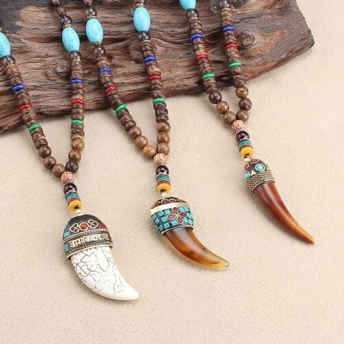 Wenge wooden horn shape ethnic Nepal jewelry Buddha wood bead copper vintage necklace accessories women wholesale