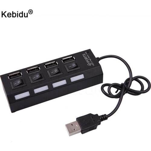 Kebidu 4 Ports usb hub LED USB High Speed 480 Mbps Adapter USB Hub Splitter With Power on off Switch For PC Laptop Computer