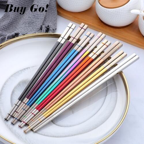 1 Pair 304 Stainless Steel Chinese Square Chopsticks Non-Slip Reusable Metal Chopstick for Sushi Hashi Food Sticks Kitchen Tool