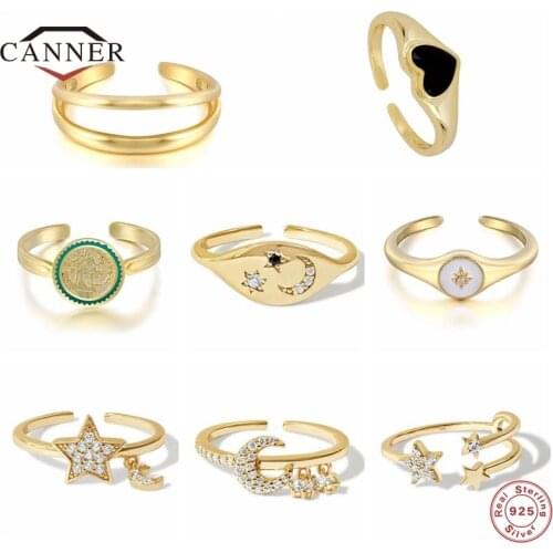 CANNER Minimalist CZ Zircon 925 Sterling Silver Star Monn Rings for Women Opening Adjustable Exquisite Ring Fine Jewelry anillos