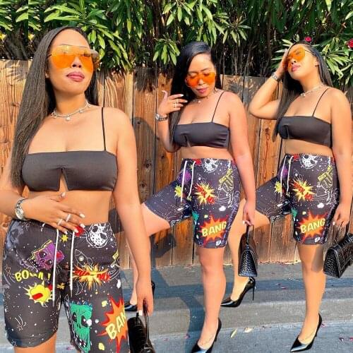 Fashion casual womens sleeveless printed camisole top, graffiti loose shorts suit