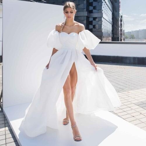 White Cheap Wedding Dresses 2021 Short Puff Sleeve Bride Dress Plus Size High Split Side A Line Beach Wedding Gowns Sweetheart