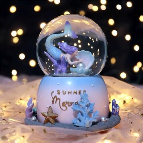 Mermaid Night Light Starry Sky Crystal Ball Music Box Snowflake Rotation Falling Snow Childrens Birthday Gifts Bedside Lamp